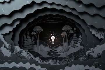 Sticker - Illuminated lightbulb in a dark layered paper cut out forest scene symbolizing ideas emerging from shadows