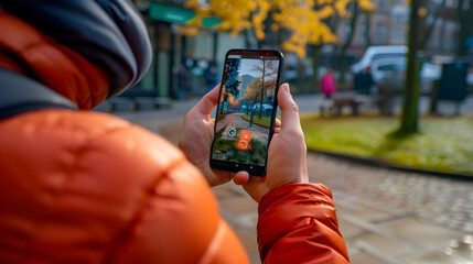Wall Mural - player holds mobile device, playing virtual game with location-based augmented reality features in o