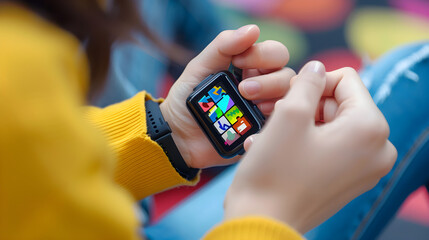 Wall Mural - person using smartwatch to play puzzle game, focused on screen, fingers tapping and swiping.