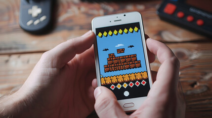 Wall Mural - person holding a smartphone, playing a vintage-inspired game featuring a pixelated character on scre
