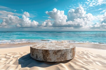 Wall Mural - Summer sand and tropical sea background with abstract stone podium