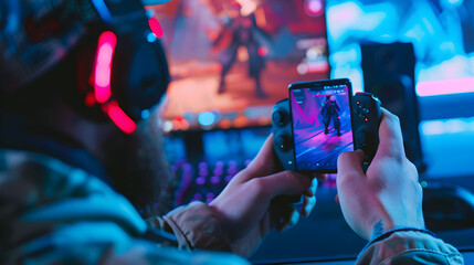 Wall Mural - player playing mobile game on special gaming phone with dedicated buttons. entertainment on the go.