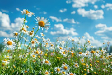 Wall Mural - colorful spring meadow with wildflowers under sunny skies.