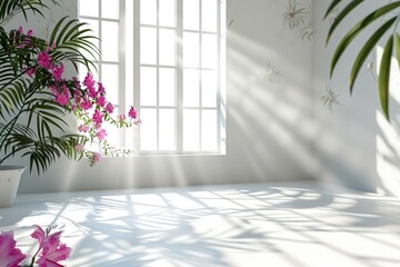 Wall Mural - white studio background with shadows of window flowers and palm leaves.