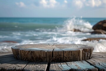 Wall Mural - aged wooden pedestal with free space and blurred summer beach landscape as background