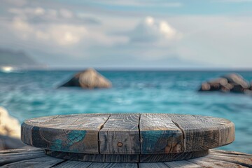 Wall Mural - aged wooden pedestal with free space and blurred summer beach landscape as background