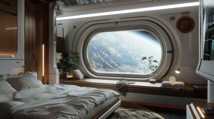 futuristic bedroom with earth view from a large window