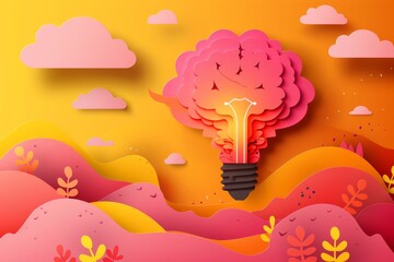 Wall Mural - Vibrant pink and orange tree light bulb illustration in a whimsical style featuring a paper cut landscape with clouds and a playful sunset scene.