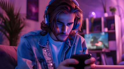 Wall Mural - person playing mobile game on cutting-edge smartphone with futuristic design and high resolution scr