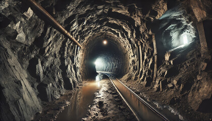 Underground tunnel with railroad tracks of an old mine