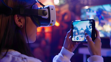Wall Mural - a person playing mobile games while wearing a virtual reality headset in immersive gameplay.