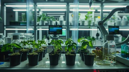 Poster - A row of potted plants sit on a white table in a laboratory setting. The plants are illuminated with fluorescent lights, and there are beakers and other scientific equipment in the background.
