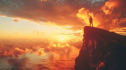 Man standing on top of cliff at sunset