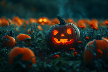 Halloween Pumpkin in Field with Eerie Lighting Adding a Sense of Horror on Halloween Night