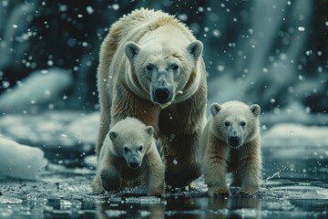 Wall Mural - Polar Bear Family Walking on Ice