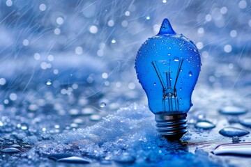 Poster - Blue light bulb on a wet surface with raindrops symbolizing resilience and innovation in a modern dramatic photograph highlighting visual and emotional impact.