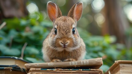 Wall Mural - Curious Bunny on a Stack of Books