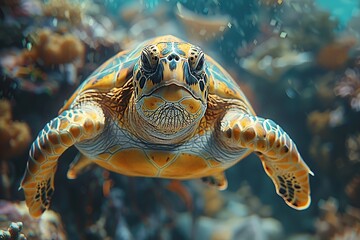 Wall Mural - Sea Turtle Underwater Close-Up