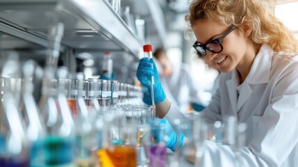 Wall Mural - a scientist wearing white lab coat and blue gloves uses a pipette to work with colorful liquids in t
