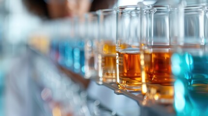 Wall Mural - a focused scene in a laboratory showing a row of beakers filled with various colorful liquids, symbo