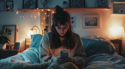 A young girl sits on her bed at night, absorbed in her smartphone, amidst a warm and inviting bedroom adorned with fairy lights.