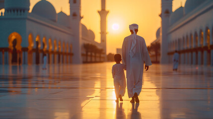 Father and son going to mosque eid mubarak background