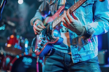 Wall Mural - A man is playing guitar on stage  close up.