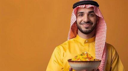 Smiling Man in Traditional Clothing Holding a Bowl of Food