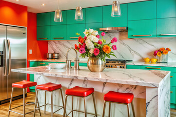 Bright and Modern Kitchen with Turquoise Cabinets and Colorful Floral Arrangement