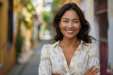 Wall Mural - Confident middle aged Hispanic woman smiling on street