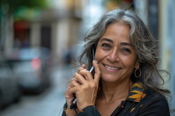 Poster - Confident Hispanic woman smiling while talking on smartphone outdoors.