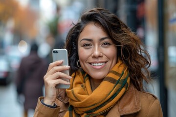 Wall Mural - Confident Hispanic woman smiling while talking on smartphone outdoors.