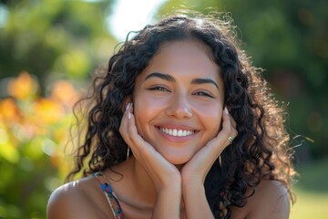 Wall Mural - Happy Hispanic woman outdoors on sunny day.