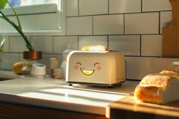 A cheerful toaster with a smiling face, toasting golden bread on a sunny kitchen counter.