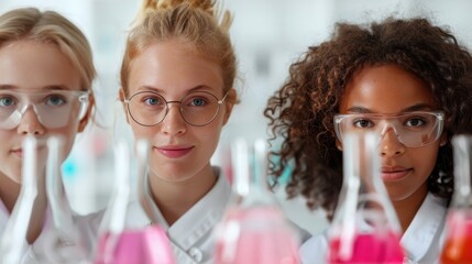 Wall Mural - three young scientists, two wearing glasses, are dressed in lab coats and standing in a laboratory w