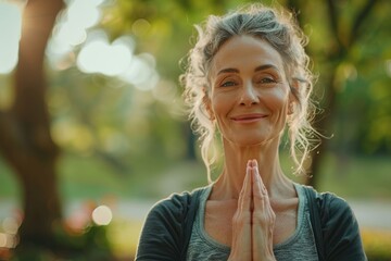 Poster - Middle age woman smiling confident training yoga at park