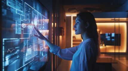Wall Mural - Woman interacting with a futuristic, interactive display.