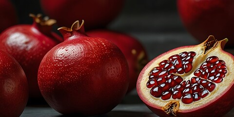 Close-up image of a pomegranate that has been cut open to reveal its vibrant red seeds. The pomegranate is positioned centrally, with its outer skin a rich, deep red color