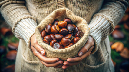 hand holding a paper bag with roasted chestnuts on a white background, autumn traditional food, meal, nuts, packaging, delicious snack, phallus, hazelnuts, illustration, shell, brown