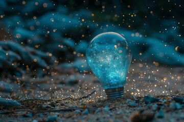 Sticker - Blue light bulb on a dark background with bokeh lights symbolizing creativity and innovation in a modern festive atmosphere highlighting visual appeal.