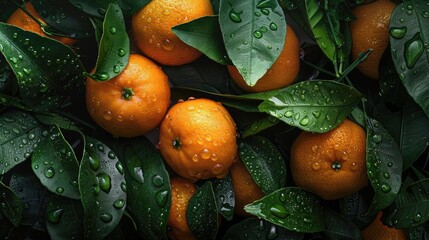 Wall Mural - Close up image of mandarins with leaves and water droplets against dark backdrop