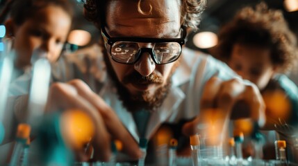 Wall Mural - a group of scientists are intently conducting detailed laboratory experiments, wearing lab coats and