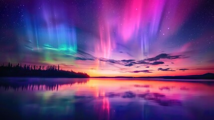 A colorful display of the northern lights over a calm, reflective lake