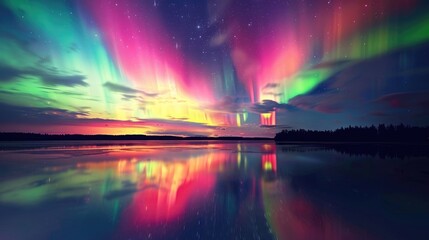 A colorful display of the northern lights over a calm, reflective lake
