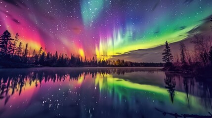 A colorful display of the northern lights over a calm, reflective lake