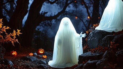 Canvas Print - Ghostly Figure in a Dark Forest.