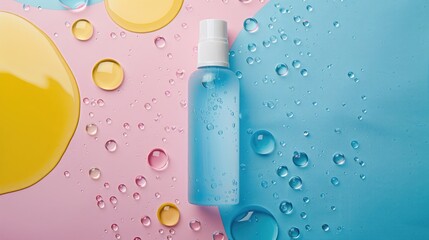 Wall Mural - Top view of cleanser and micellar water on colorful background