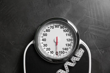 Poster - Scale and measuring tape on grey textured background, top view