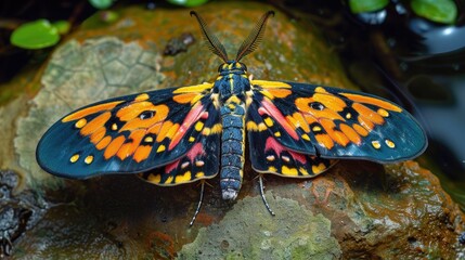 Garden tiger moth colorful night butterfly or or Arctia caja with open wings with conspicuous pattern frightening predators