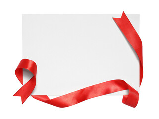 Poster - Red satin ribbon and blank card isolated on white, top view